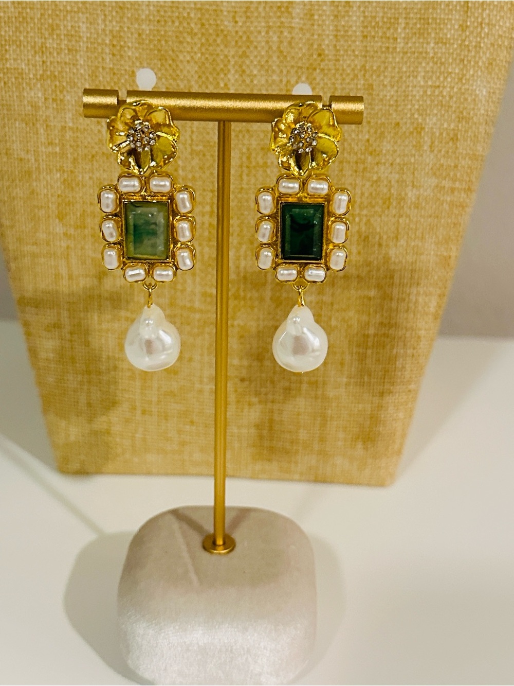 Fashion Jewelry Gold-Tone Green Stone & Pearl Drop Earrings